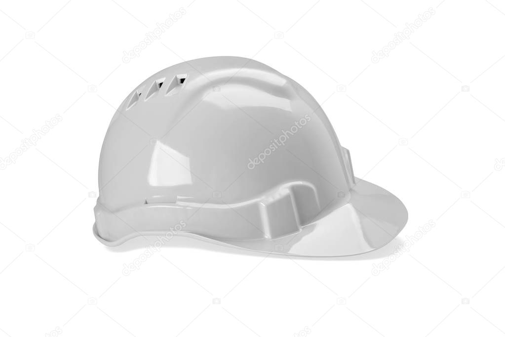 Plastic white safety helmet isolated on white background. Safety equipment concept. Worker and Industrial theme