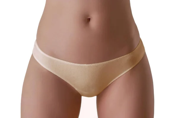 Beautiful Slim Sexy Woman Beige Panties Young Body Isolated White — Stock Photo, Image