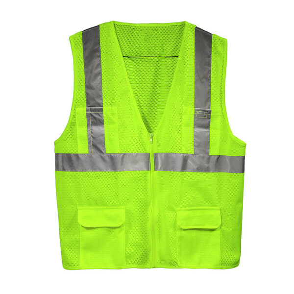 Зеленый лаймовый спасательный жилет на белом фоне с видом спереди

