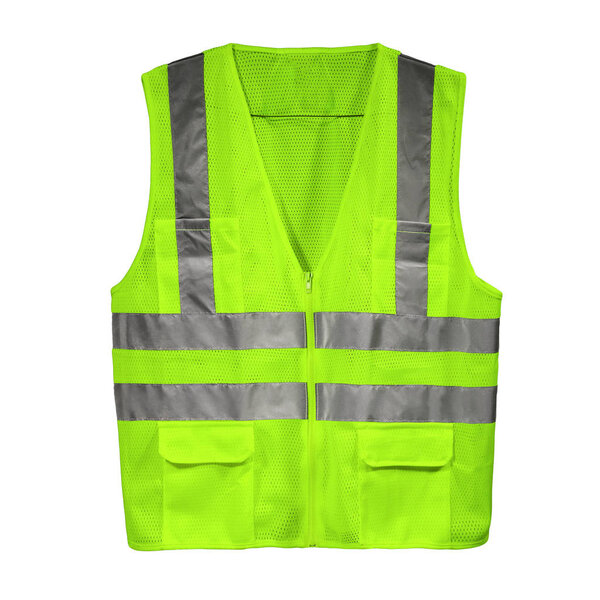 Зеленый лаймовый спасательный жилет на белом фоне с видом спереди
