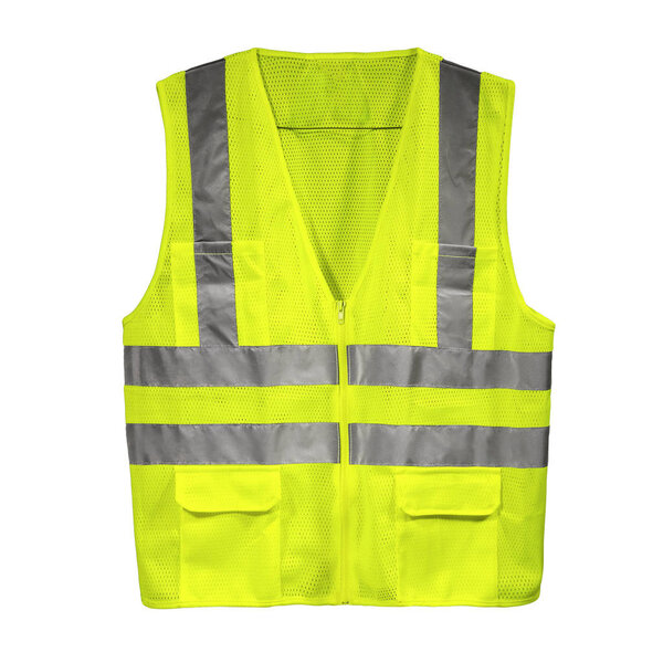 Желтый спасательный жилет на белом фоне, вид спереди
