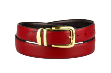 Beyaz arka plan üzerinde izole koyu altın toka ile moda erkekler kırmızı deri emniyet kemerlerinizi bağlayın