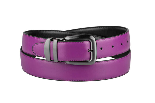Fastened fashionable men's pink leather belt with dark matted metal buckle isolated on white background