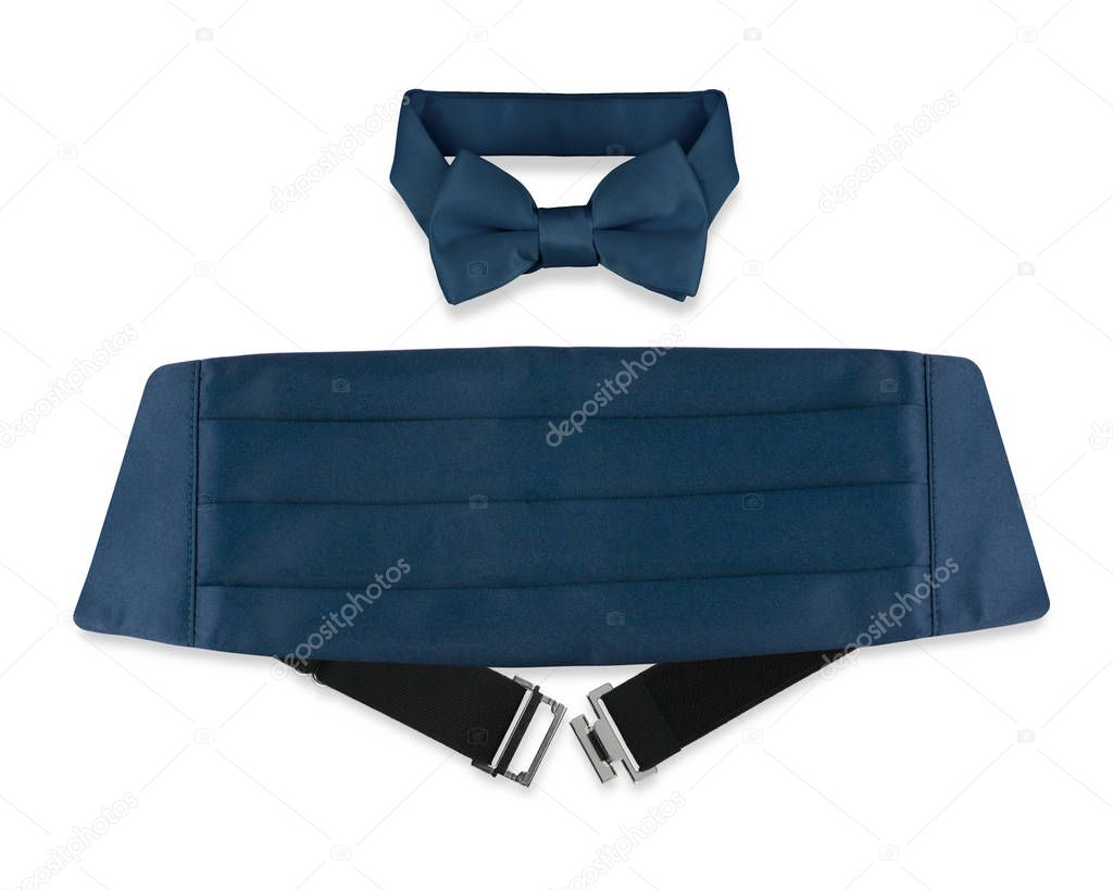 Tuxedo navy blue cheater bow tie and cummerbund isolated on white background