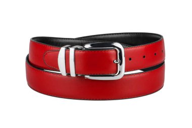 Fastened fashionable men's red leather belt with shiny chrome metal buckle isolated on white background
