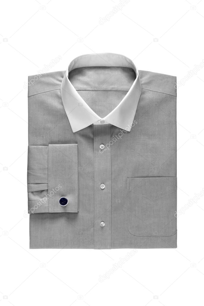 Fashionable plain grey mens shirt with white collar and expensive cufflink isolated on a white background