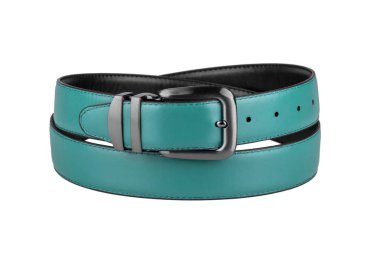 Beyaz arka plan üzerinde izole koyu keçeleşmiş metal toka ile moda erkekler turkuaz deri emniyet kemerlerinizi bağlayın
