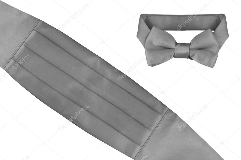 Tuxedo grey cheater bow tie and cummerbund isolated on white background