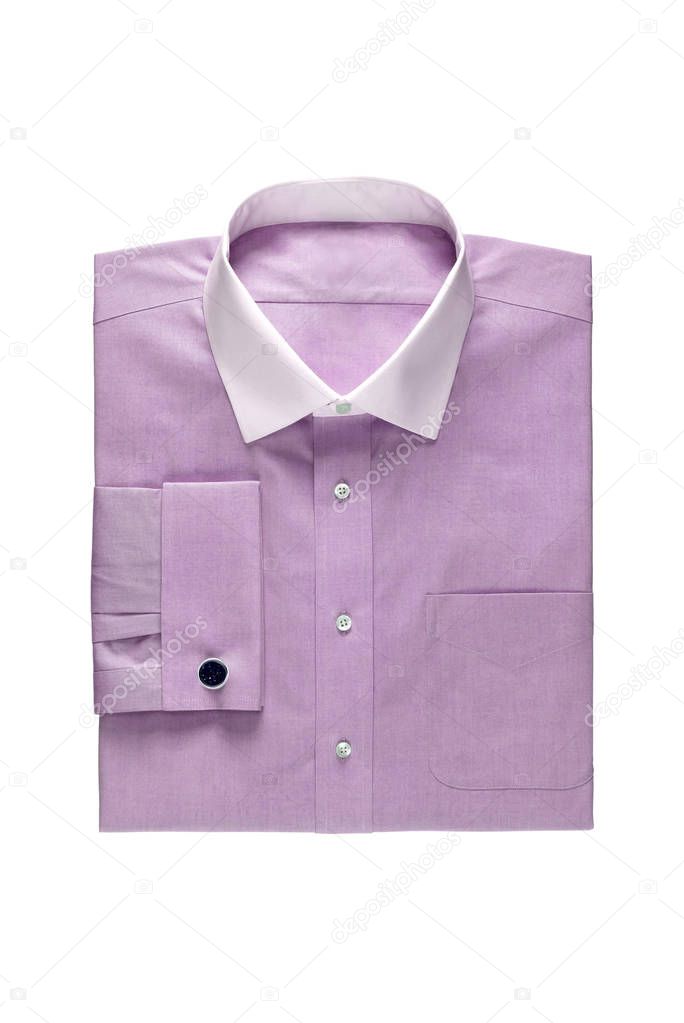 Fashionable plain pink mens shirt with white collar and expensive cufflink isolated on a white background