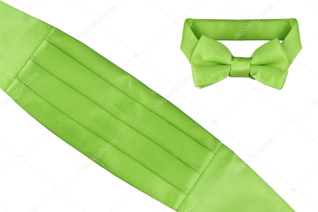 Tuxedo lime green cheater bow tie and cummerbund isolated on white background