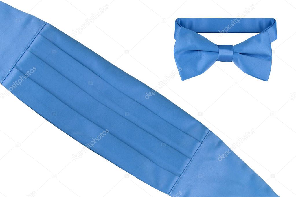 Tuxedo turquoise blue cheater bow tie and cummerbund isolated on white background