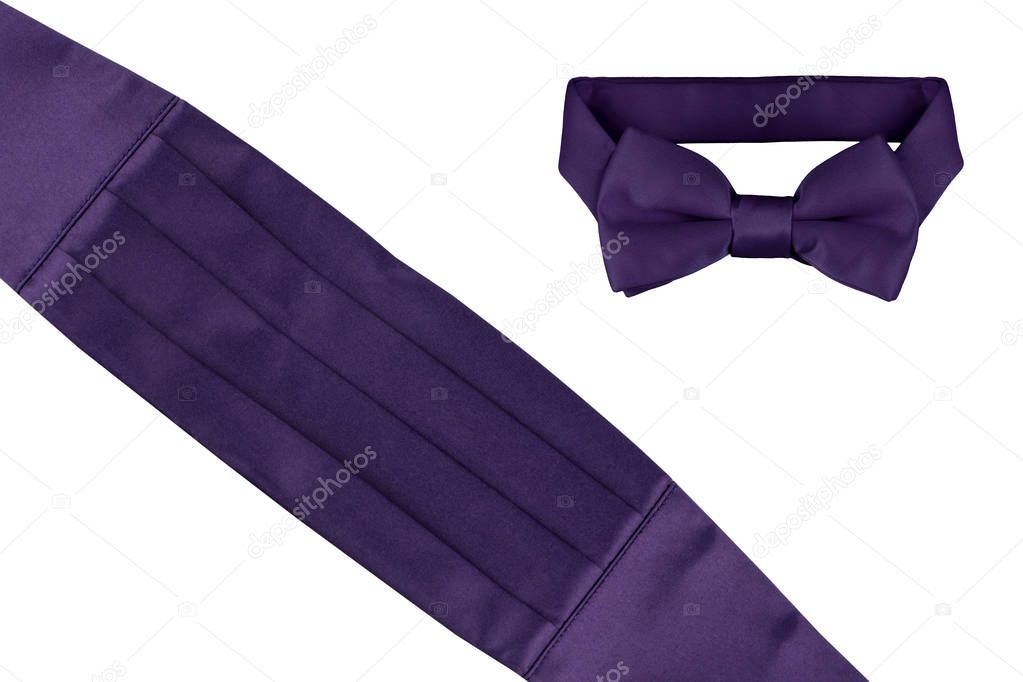 Tuxedo turquoise purple cheater bow tie and cummerbund isolated on white background