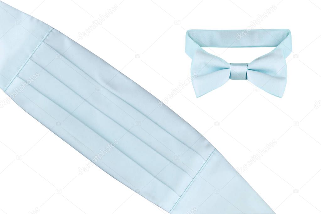 Tuxedo turquoise light blue cheater bow tie and cummerbund isolated on white background