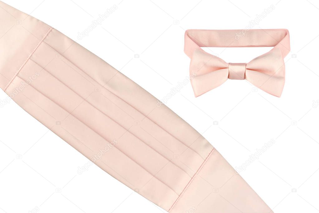 Tuxedo pastel pink cheater bow tie and cummerbund isolated on white background
