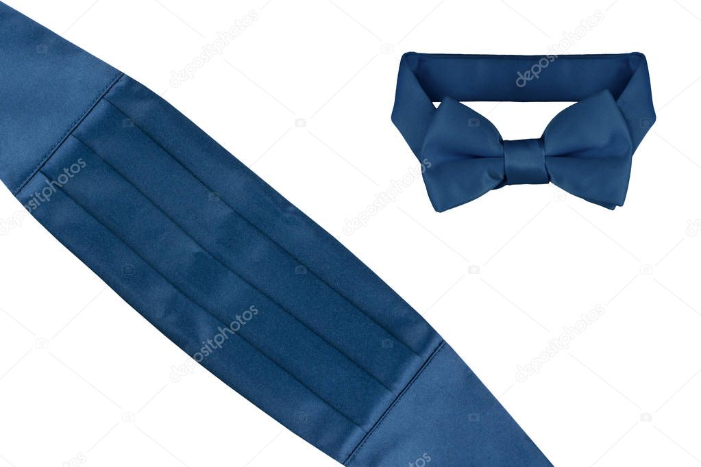 Tuxedo blue cheater bow tie and cummerbund isolated on white background