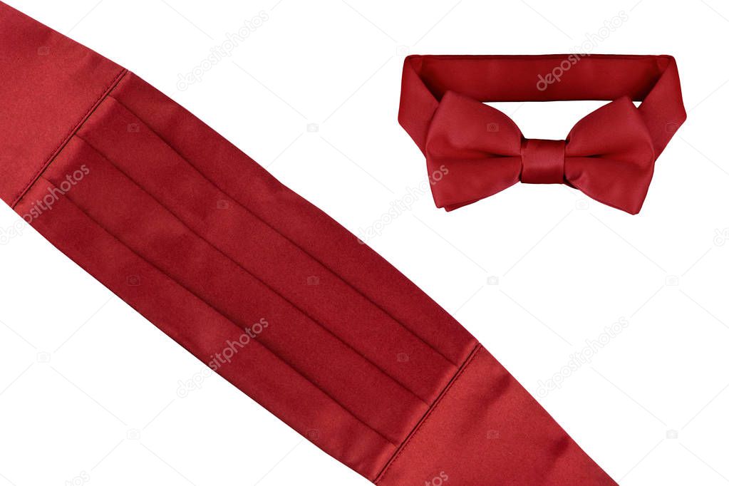 Tuxedo red cheater bow tie and cummerbund isolated on white background