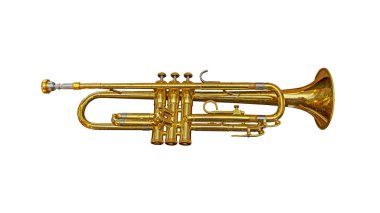 Pirinç beyaz bir arka plan üzerinde izole eski müzik trompet Lake. Müzik aletleri serisi