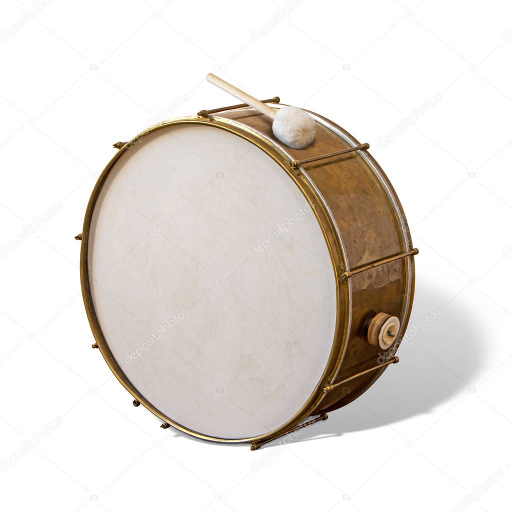 Old classic musical instrument big drum isolated on white background. Music instruments series