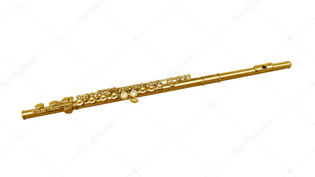 Golden classical musical instrument flute isolated on a white background. Music instruments series