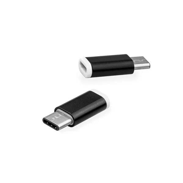 Dois Adaptadores Femininos Pretos Tipo Para Micro Usb Isolados Fundo — Fotografia de Stock