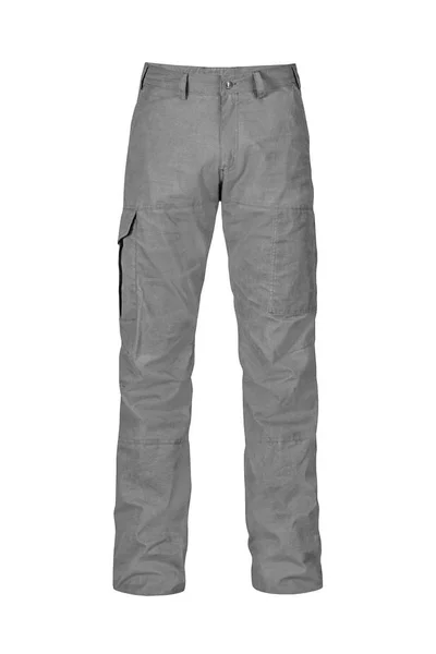 白い背景に分離されたパッチ ポケット付きカジュアル スタイリッシュなパンツ 灰色の男性デニム カットアウト ファッション スタイル 服の概念 — ストック写真