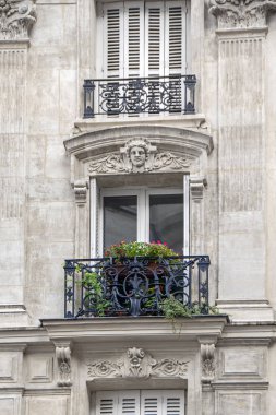 Paris, Fransa'da çiçeklerle süslenmiş Balkonlu Klasik binanın güzel cephe