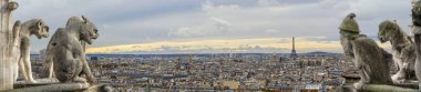 Chimeras (gargoyles) Katedrali Notre Dame de Paris bakan Paris panorama, Fransa tarihinde. Şehrin bulanık heykeller üzerinde odaklanın. Tasarım veya metin için mükemmel arka plan