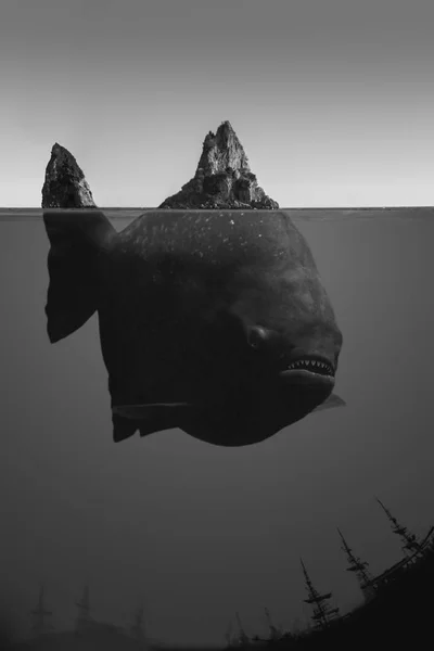 Surreal scenery with huge monster fish under the sea with dorsal fin and tail over the water in shape of the high rocks. Black silhouettes of wrecked old ships under the dramatic deep sea. B&W