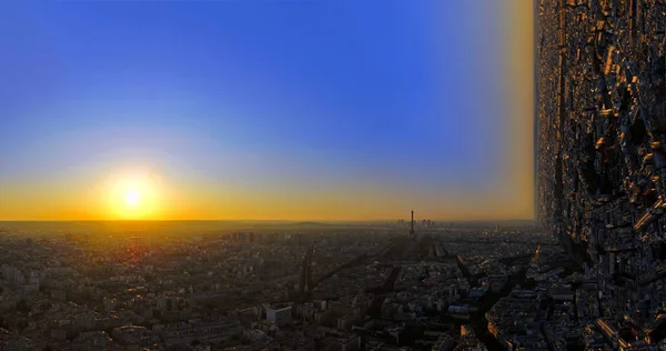 Paris Manzarası Eyfel Kulesi Çevresinde Gösterilen Gün Batımında Gerçeküstü Panoraması — Stok fotoğraf