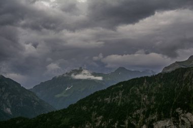 İsviçre Alpleri dramatik bulutlar altında. Dağlar İsviçre'de yeşil ormanlarla kaplıydı. Beatenberg'den manzara. Metin ve tasarım için mükemmel arka plan