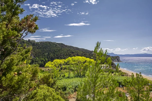 Erikousa adasının güzel manzarası, masmavi deniz, güneş ve mavi gökyüzü ile aydınlatılmış yeşil ağaçlar ile Yunanistan