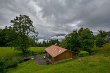 Bulutlu bir günde İsviçre Alpleri'ndeki ormanlarla kaplı dağların yamacında kiremit çatılı kulübeler. Beatenberg, İsviçre