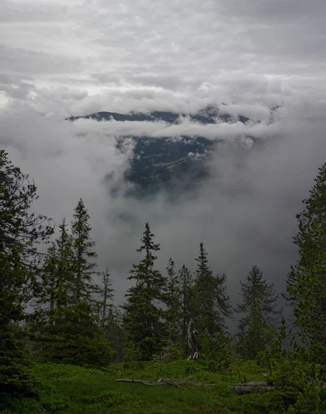 스위스 알프스의 울창한 구름과 호수를 배경으로 스위스 구타베르크에서 바라보는 — 스톡 사진