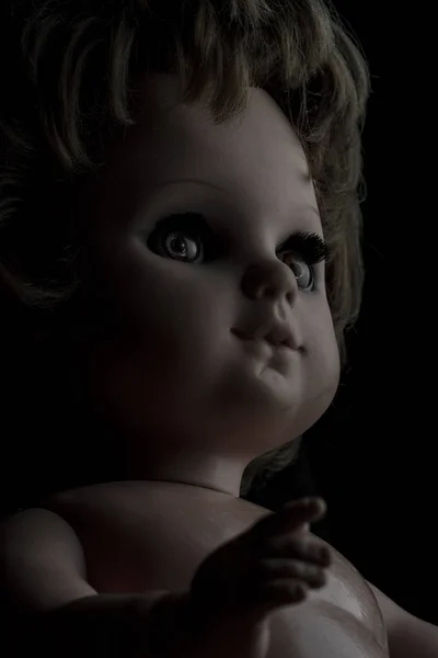 Close Scary Vintage Doll Face Isolated Black Background Soft Backlight — Stock Photo, Image