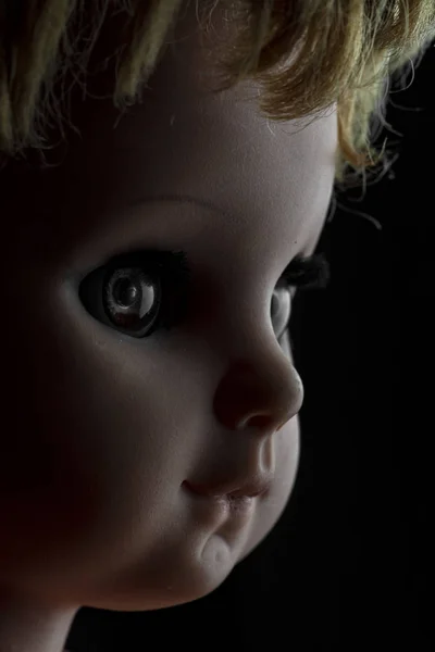 Close Scary Vintage Doll Face Isolated Black Background Soft Backlight — Stock Photo, Image