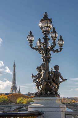 Pont Alexandre III köprüsü (1896) Paris süslü Art Nouveau lambalar ve heykeller ile dekore edilmiş, Arka planda Eyfel Kulesi ile Fransa. Güzel bronz heykeller ve vintage lamba
