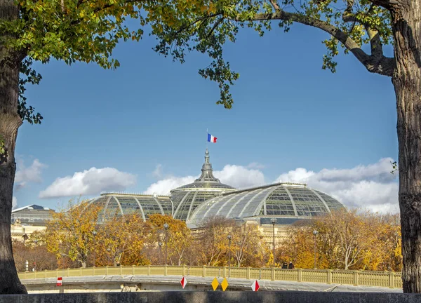 木々や緑の葉から自然なフレームにフランスの旗を持つヴィンテージの建物と美しいシーン パリの秋 フランス — ストック写真