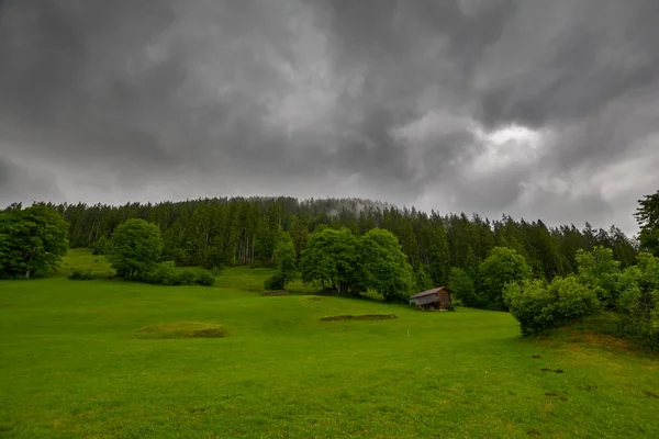 Holzhütte Hang Der Bewaldeten Berge Den Schweizer Alpen Unter Dramatischen — Stockfoto