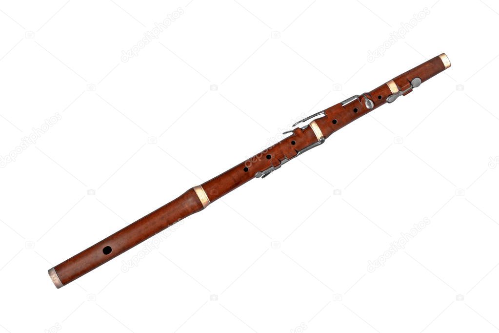 Wind musical instrument wooden flute piccolo isolated on white background. Music instruments series