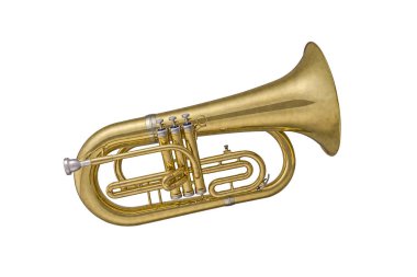 Altın klasik rüzgar müzik aleti kornet beyaz arka plan üzerinde izole. Müzik aletleri serisi