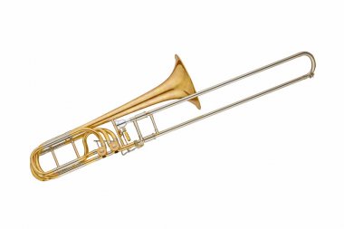 Altın klasik pirinç müzik aleti trombon beyaz arka plan üzerinde izole. Müzik aletleri serisi