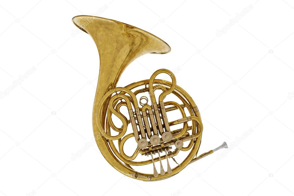 Old vintage French horn isolated on a white background. Music instruments series