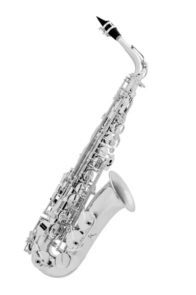 Chromowany Klasyczny Saksofon Instrumentów Muzycznych Białym Tle Seria Instrumentów Muzycznych — Zdjęcie stockowe