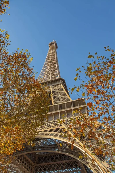 Eiffeltoren Herfst Bomen Voorgrond Lage Hoekmening Paris Frankrijk — Stockfoto