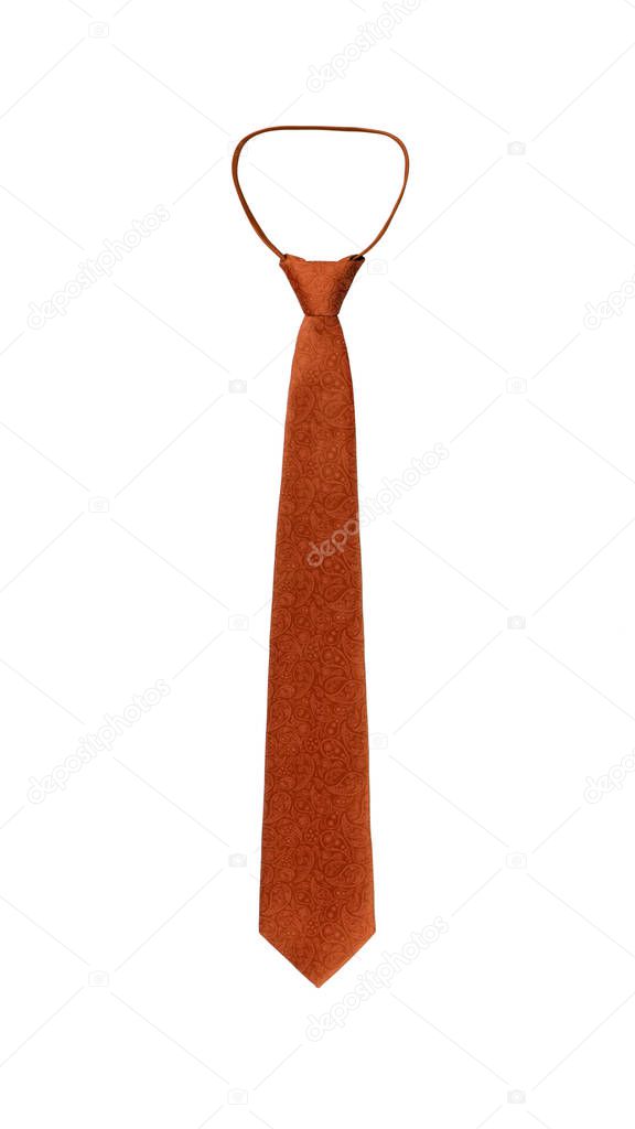 Paisley pattern stylish narrow tied orange tie isolated on white background
