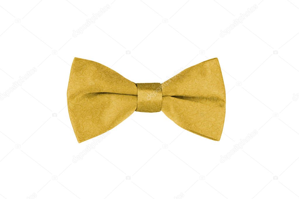 Paisley pattern fashionable yellow bow tie isolated on white background