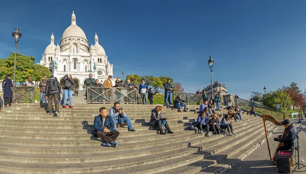 Paris France November 2018 Panorama Harp Player Steps Front Sacre — Stock Photo, Image