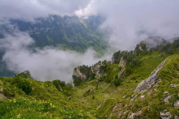 Krásný Výhled Niederhornu Obrovského Kaňonu Pokrytého Mlhou Zeleným Lesem Švýcarských — Stock fotografie