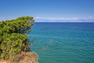 Korfu, Yunanistan İyon denizi üzerinde kayalık üzerinde yeşil ağaç ile Güzellik manzara. Sakin mavi deniz, parlak bulutsuz gökyüzü ve berrak ufuk