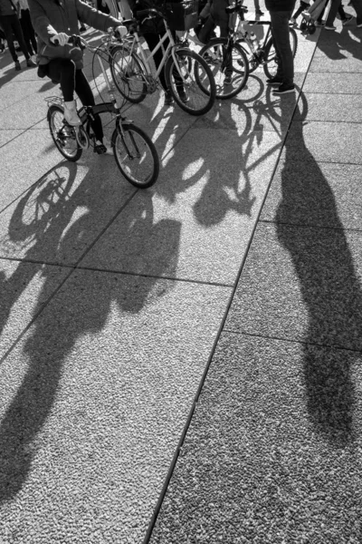 Fotografia Bianco Nero Biciclette Persone Strada Con Lunghe Ombre — Foto Stock